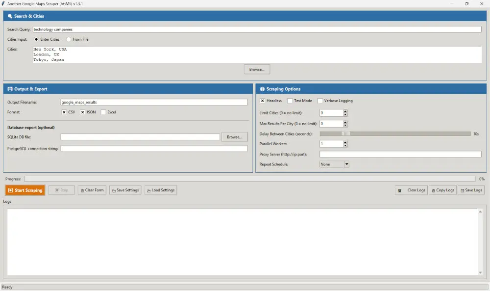Screenshot of the AGMS (Another Google Maps Scraper) project