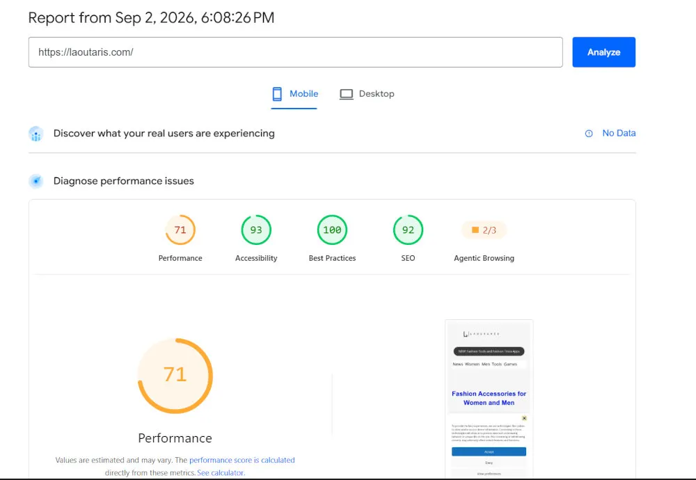 PageSpeed Insights mobile score of 71 for laoutaris.com running on WordPress