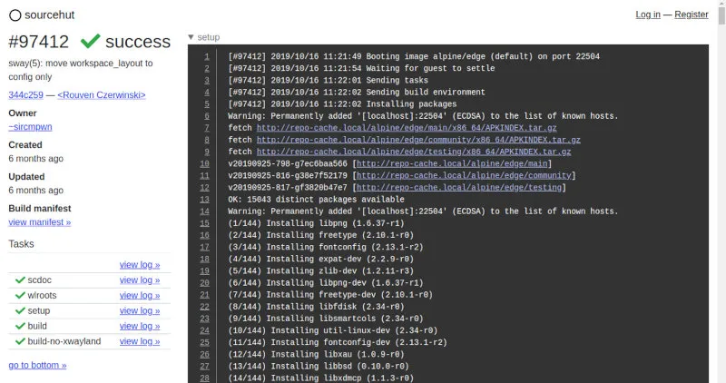 SourceHut build screen