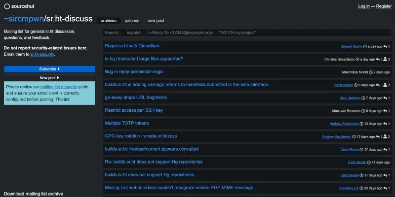 SourceHut mailing list screen