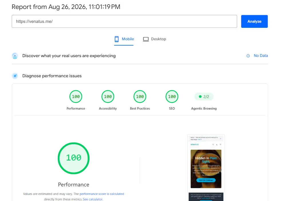 PageSpeed Insights 100% score for Venatus